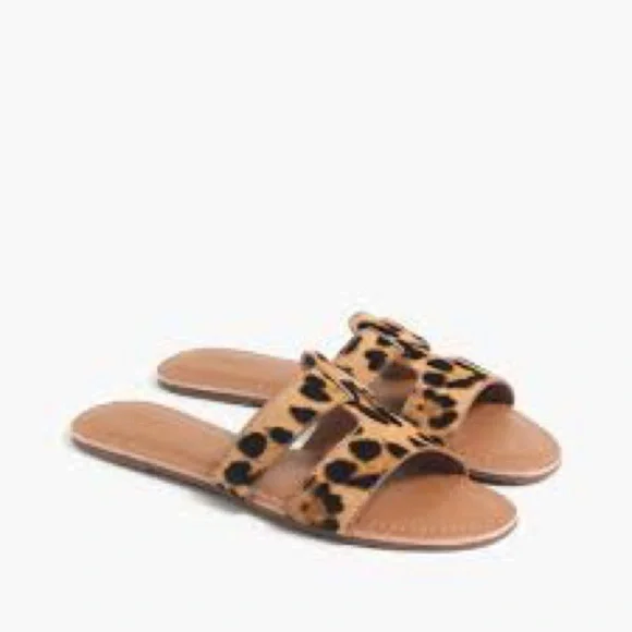 J. Crew Factory Beachside Slides Tan Leopard Calf Hair Sandals Size 8 - Picture 9 of 11